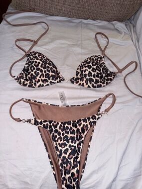 SHEIN Leopard Print Brown Tie Bikini Set SMALL